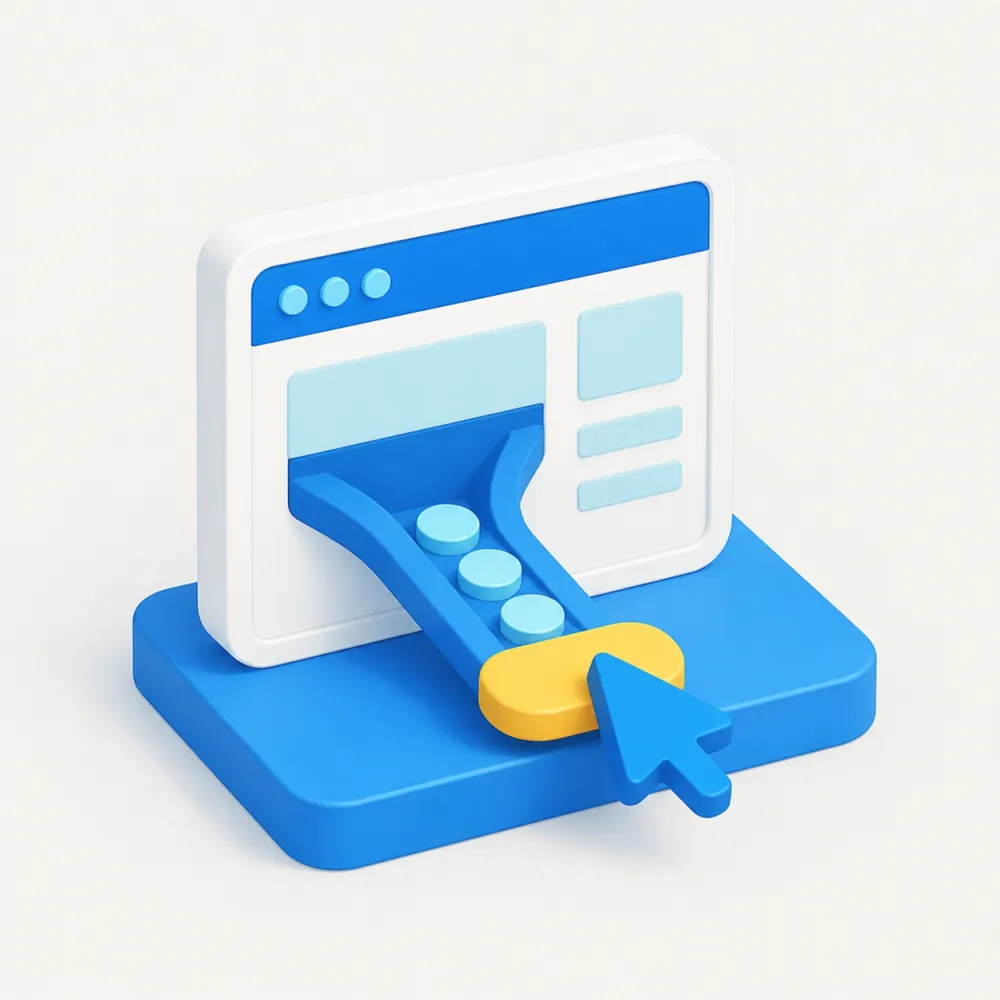 3D illustration of a website conversion funnel guiding visitors toward a call-to-action button